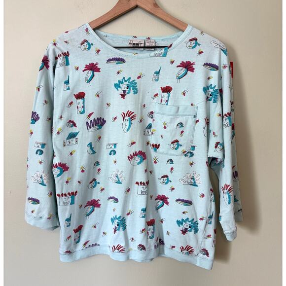 Vintage Tops - Vintage 80s Blue Robot Space Print 3/4 Sleeve Top Shirt M